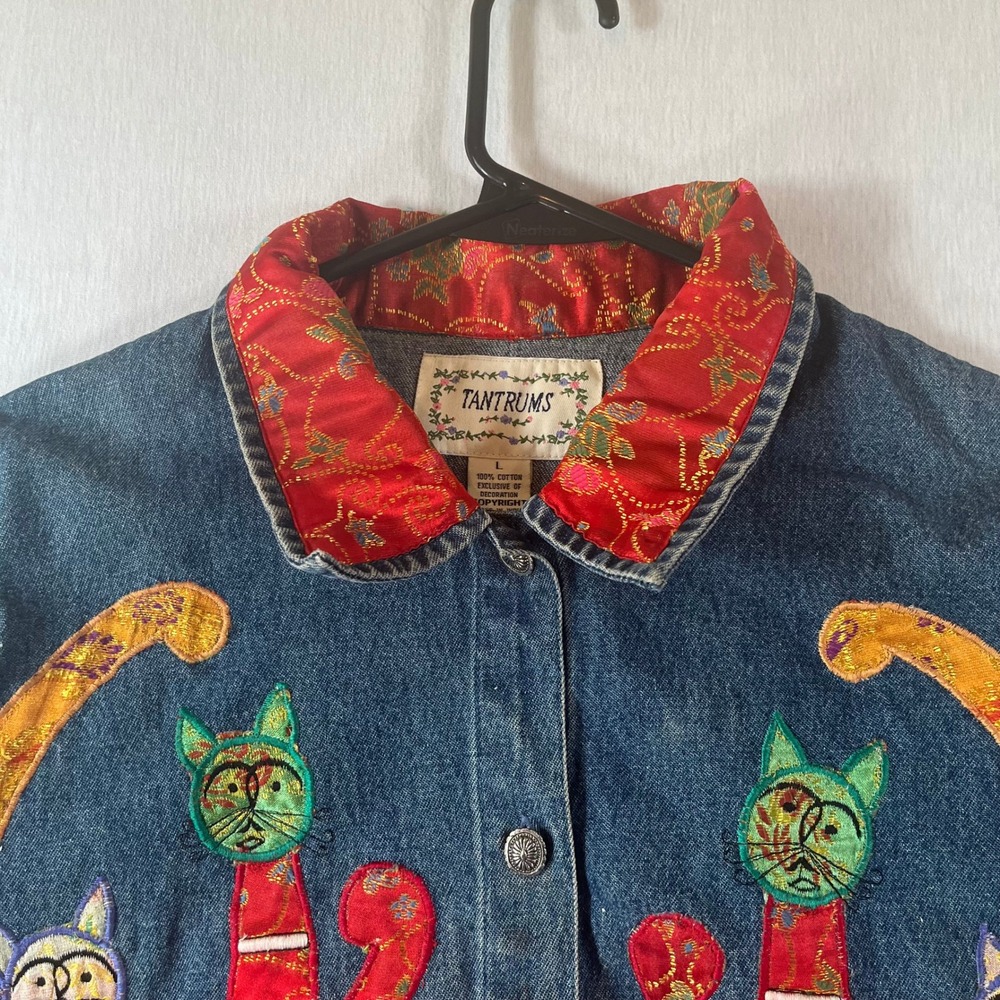Tantrums Vintage Denim Jacket Women L Cat Patchwork Embroidered Art to Wear - Picture 16 of 16